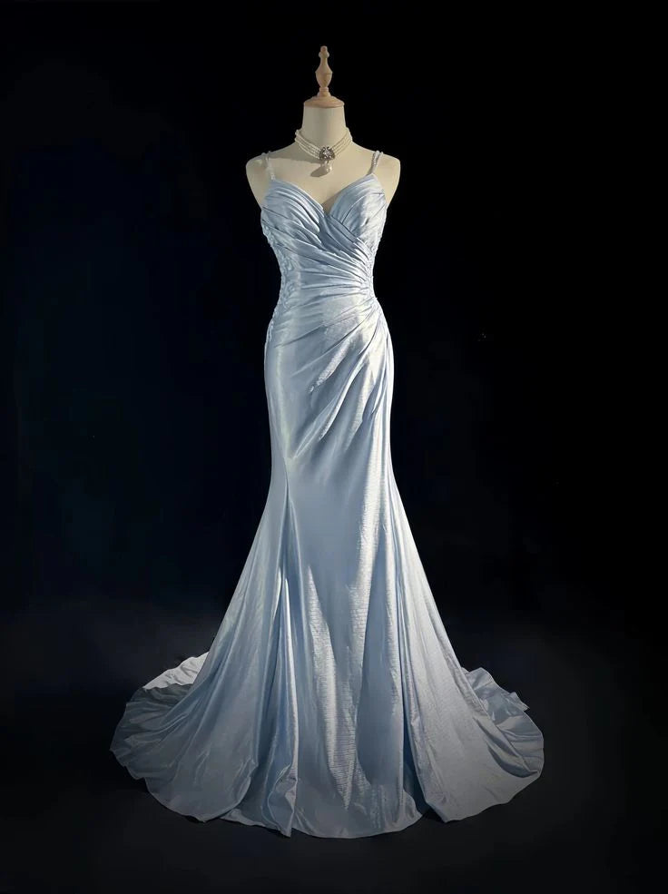 Classy Mermaid Spaghetti Straps Appliques Satin Open Back Long Party Dress