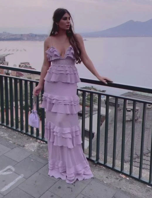 Lilac V Neck Long Prom Dress Sleeveless Evening Gown Spaghetti strap Party Dress