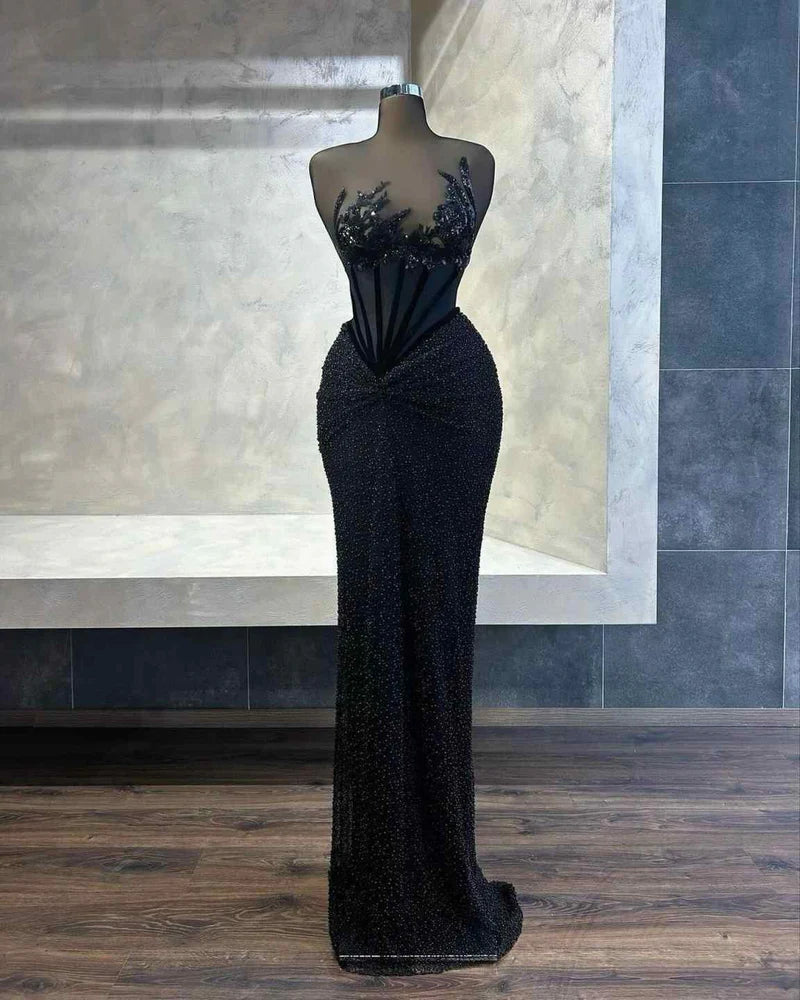 Scoop Neck Sleeveless Mermaid Floor-Length Prom Dress Appliques Lace Party Dress with Beads