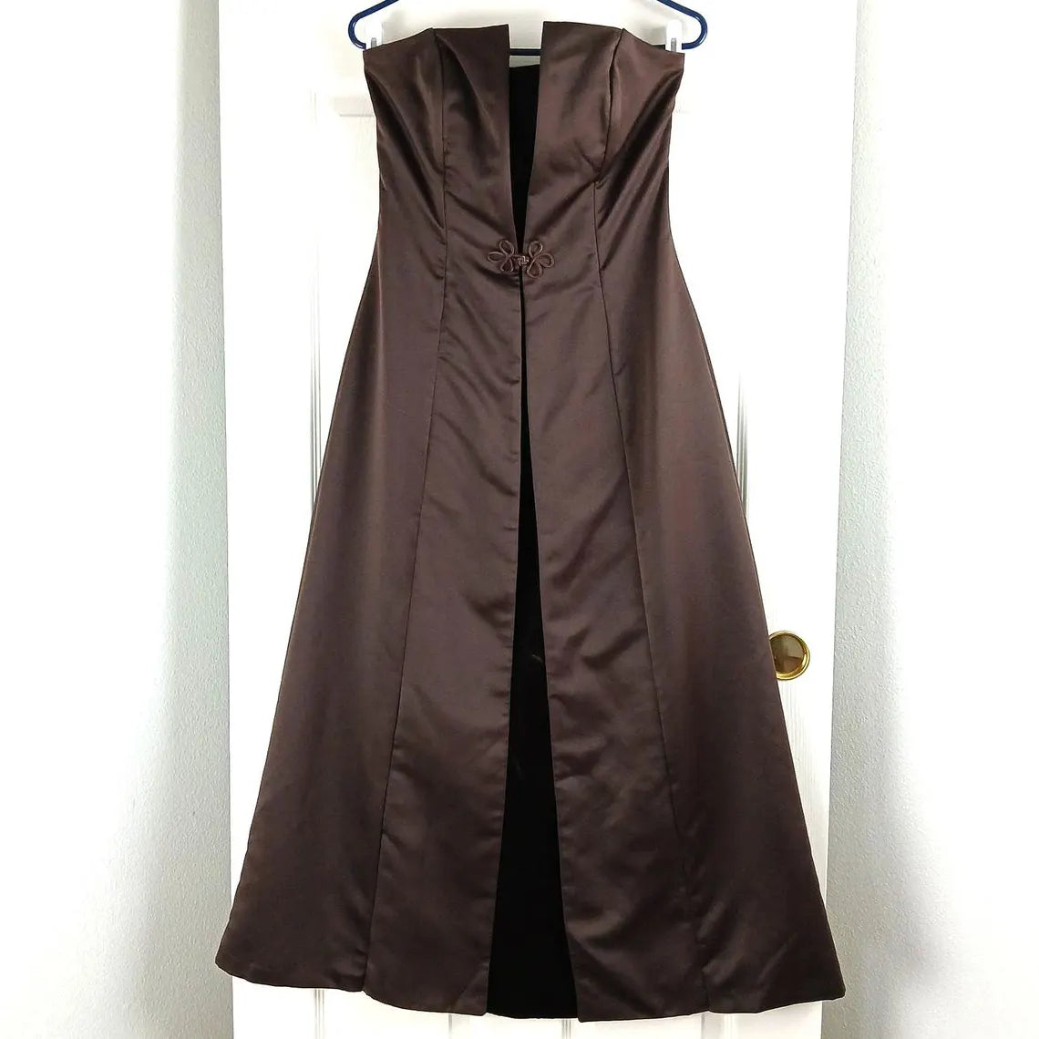 Vintage Y2K Strapless Maxi Prom Gown dark brown De Laru by Sheila Yen satin velvet EVC repaired new zipper formal party dress
