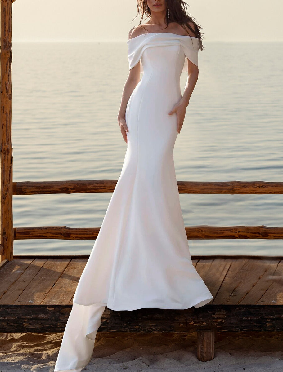 Beach Mermaid Off Shoulder Wedding Beach Casual Wedding Dresses Cap Sl