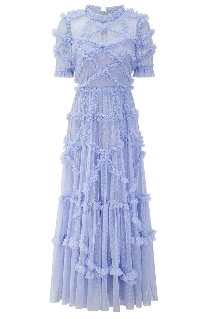 Fairytale Mock Neck Sleeved Dotted Tulle Tiered Ruffle Maxi Party Dress
