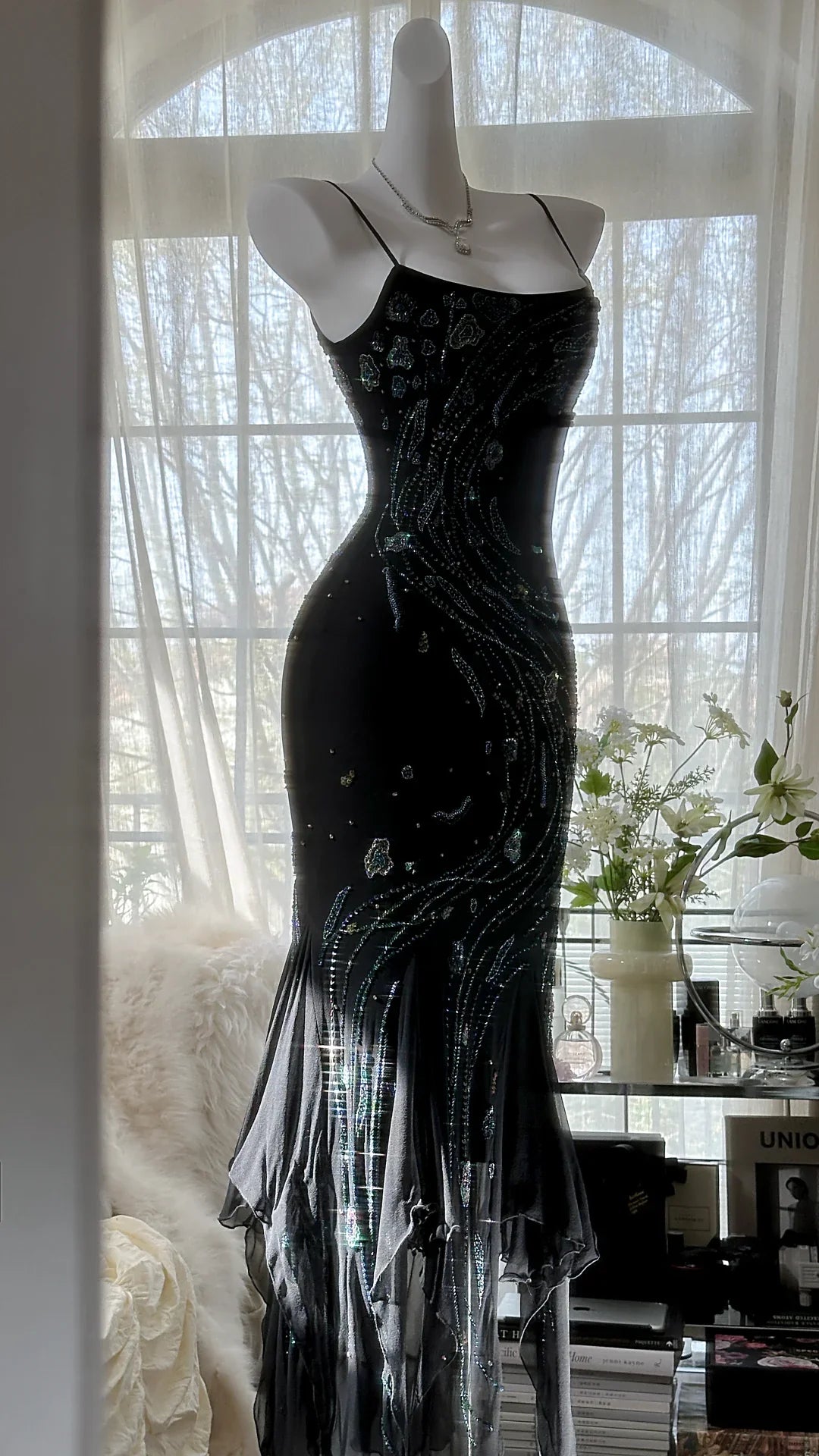 Gorgeous Mermaid Spaghetti Strap Beaded Black Chiffon Full of charm Party Dress