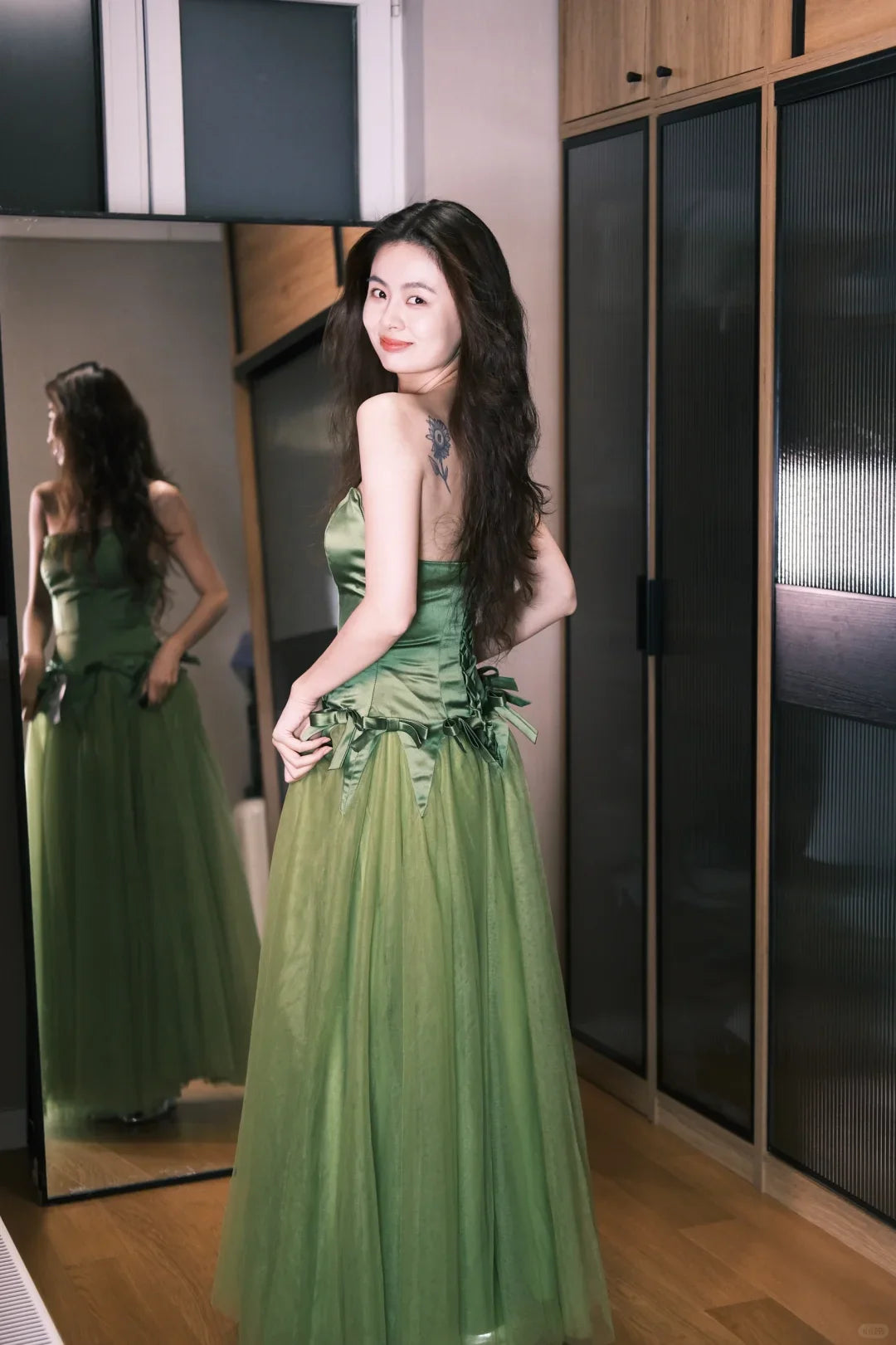 Cute A Line Green Tulle Satin Party Dress Sweetheart Neck Birthday Dress with Bow