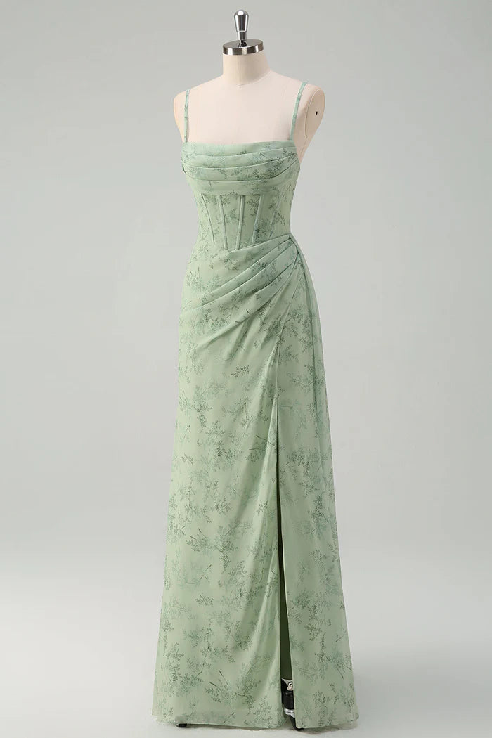 Mermaid Dusty Sage Floral Corset Ruched Long Party Dress with Slit