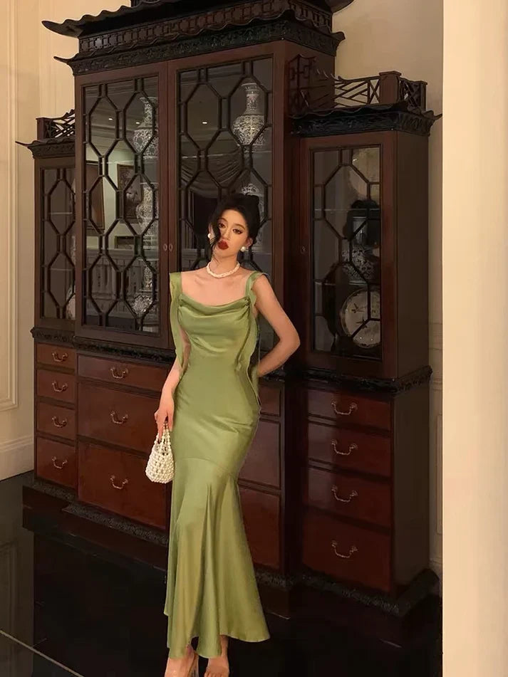 Classy Mermaid Straps Green Satin Long Evening Dresses Birthday Outfits