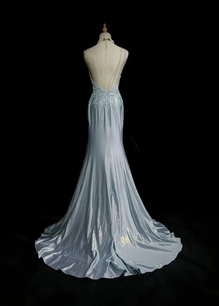 Classy Mermaid Spaghetti Straps Appliques Satin Open Back Long Party Dress