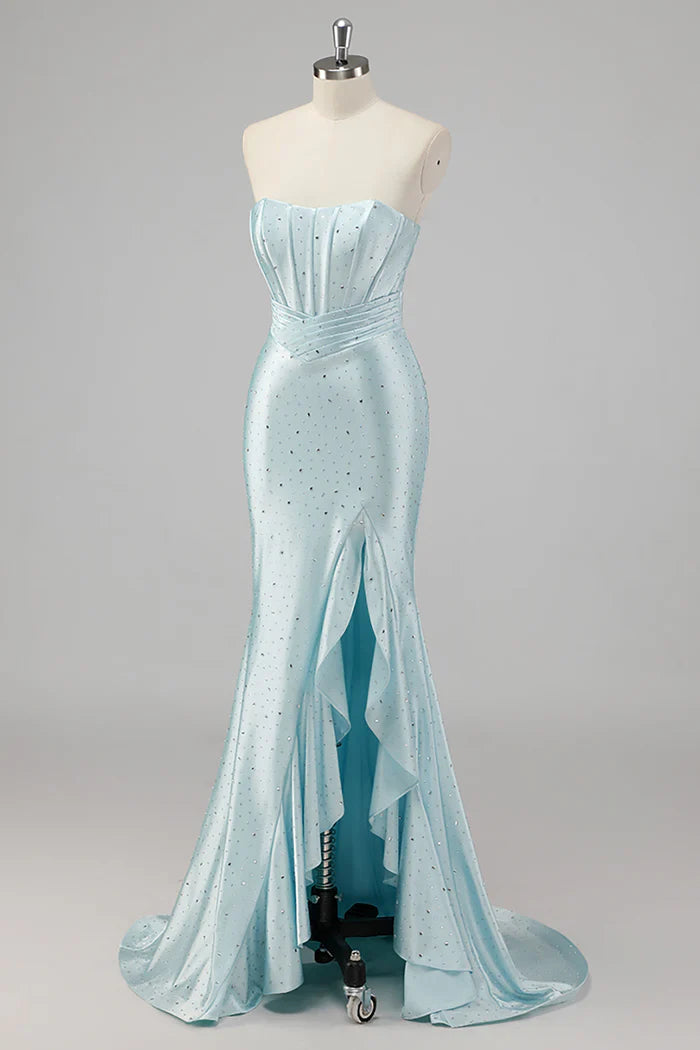 Off Shoulder Strapless Mermaid Beaded Blue Prom Dress with Slit
