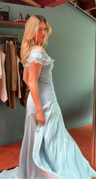 Retro Style A Line Off the Shoulder Blue Satin Long Party Dress