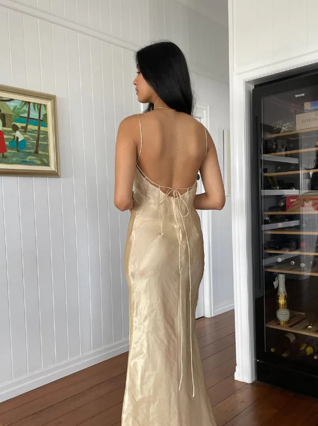 Spaghetti Strap Satin Open Back Evening Dress Simple Sheath Party Dress