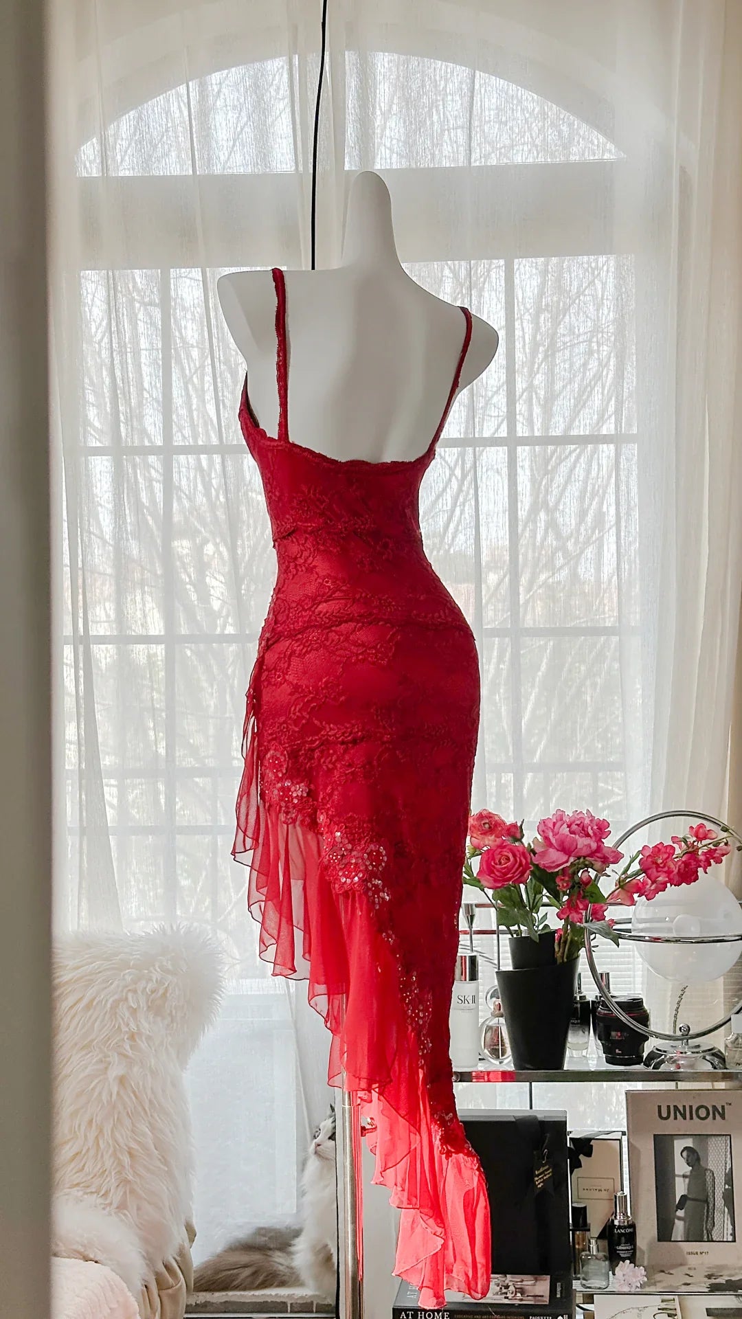 Sexy Sheath Spaghetti Strap Red Lace Chiffon Slim-fit Party Dress
