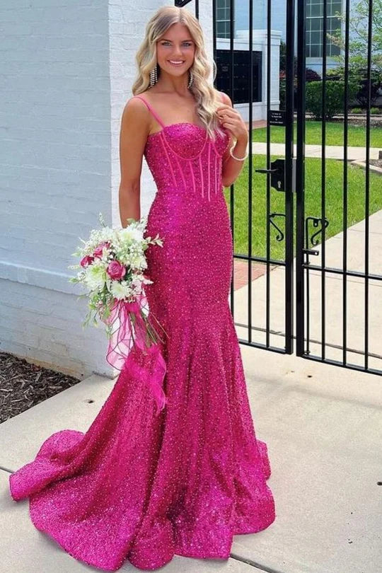 Mermaid Spaghetti Straps Party Dress Glitter Mermaid Long Prom Formal Dress