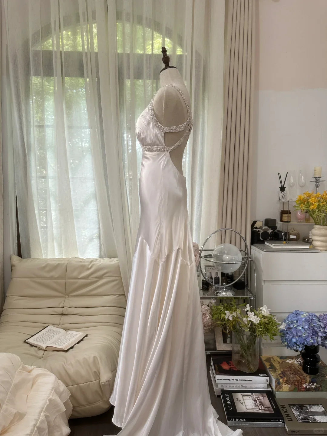 Classy Mermaid V Neck Beaded White Satin Long Open Back Party Dress
