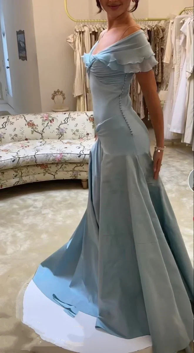 Retro Style A Line Off the Shoulder Blue Satin Long Party Dress