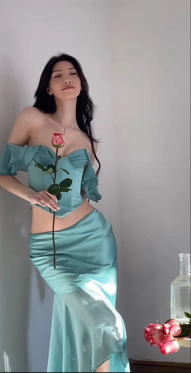 Gentle Mermaid Off the Shoulder Two Piece Chiffon Satin Party Dress
