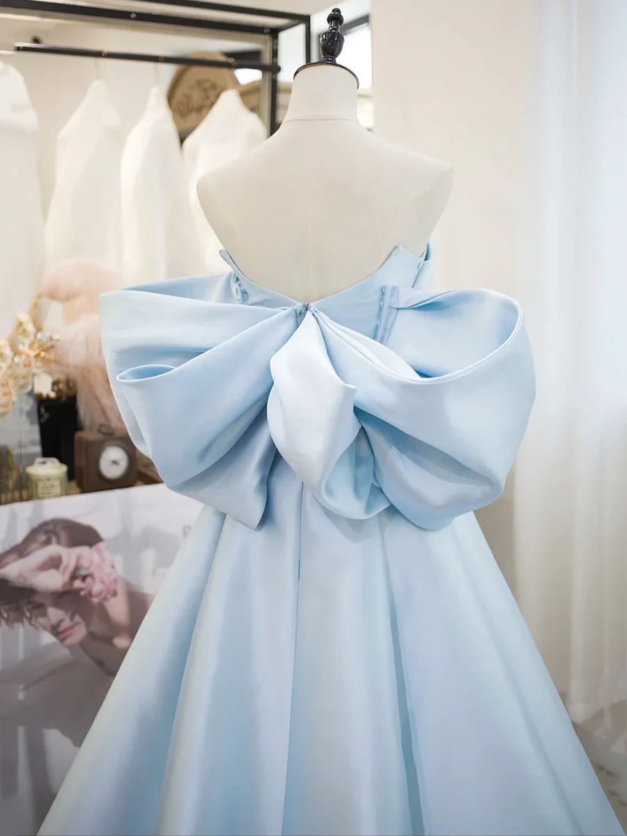 A-Line Blue Satin Long Prom Dress Inexpensive Off the Shoulder Floor Length Evening Party Dress Dresses
