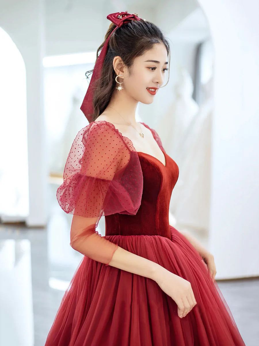 A-Line Burgundy Velvet And Tulle Floor Length Prom Dress Beautiful V Neck Off the Shoulder Evening Party Dress