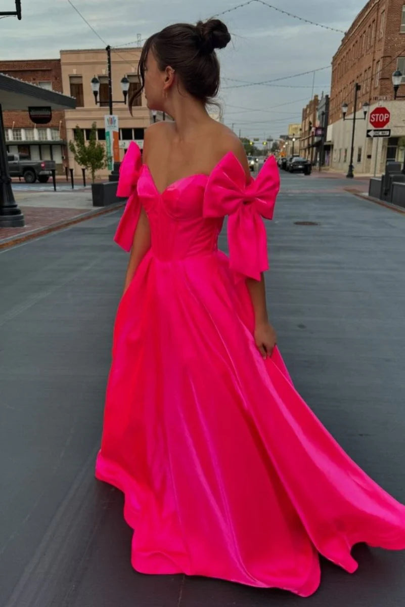 A-Line Lilac Satin Off-Shoulder Pleated BodyCon Sweep Train Long Prom Dress With Bow