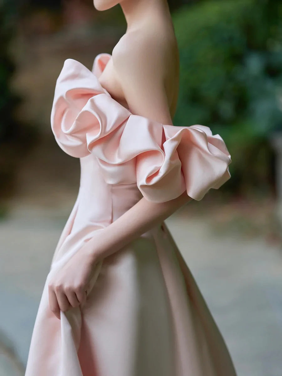 A-Line Pink Satin Floor Length Prom Dress Inexpensive Pink Off the Shoulder Evening Party Dress