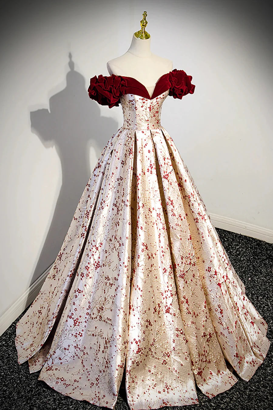 Beautiful Burgundy Floral Satin Sweetheart Neck Backless Long Prom Dress Party Dress