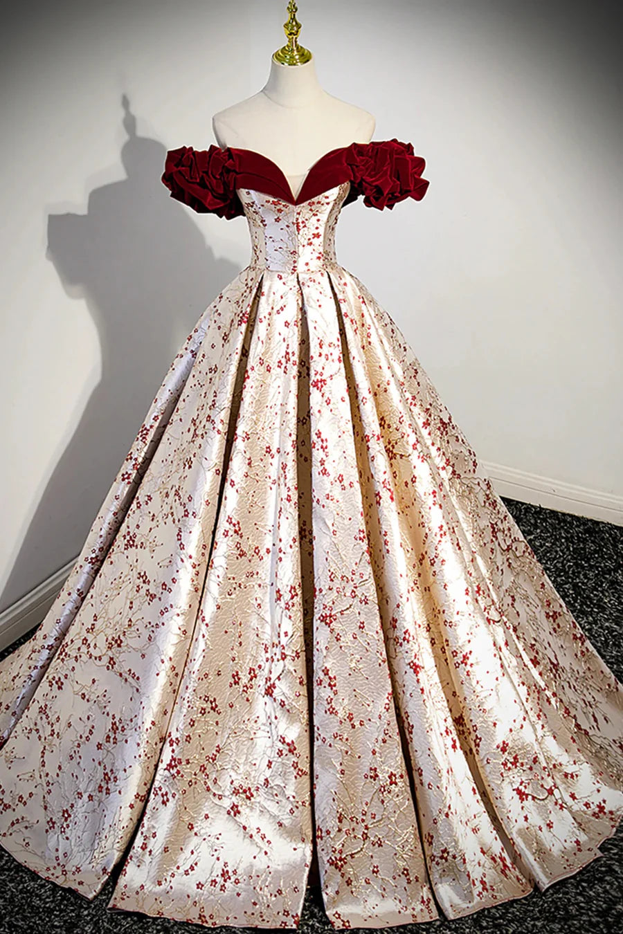 Beautiful Burgundy Floral Satin Sweetheart Neck Backless Long Prom Dress Party Dress