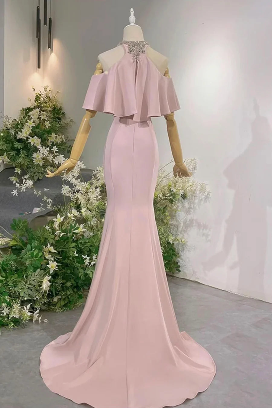 Black Mermaid Halter Floor length Long Prom Dress Evening Party Dress With Rhinestones