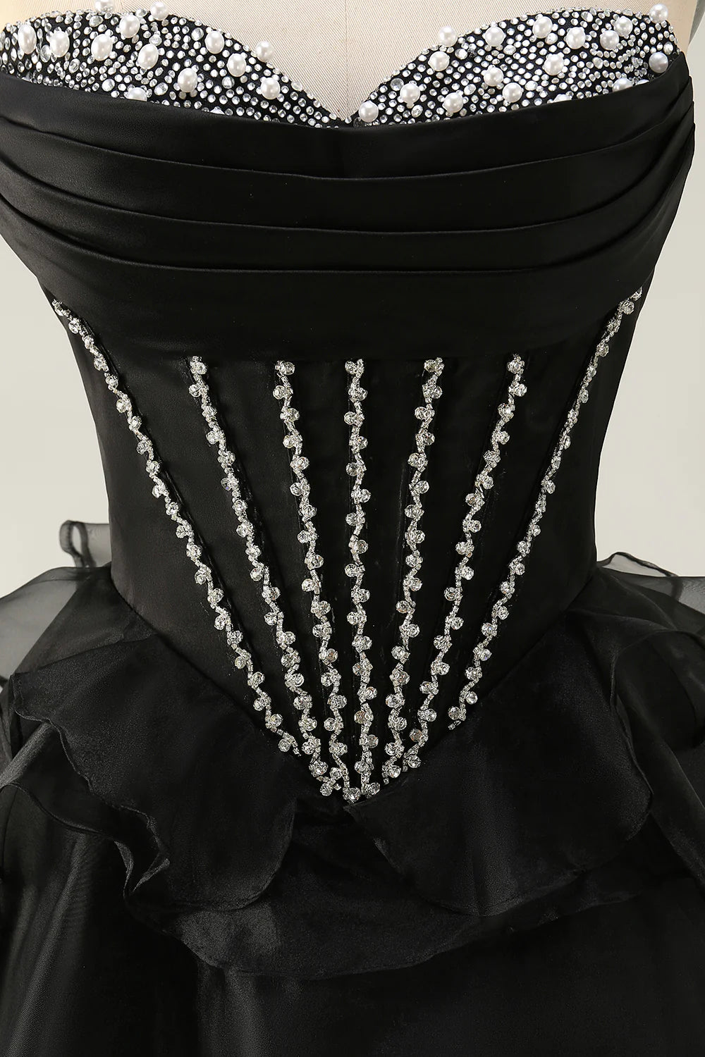 Black Strapless Tulle With Beaded Corset Ruffled Tiered A Line Short Homecoming Dress Party Dress