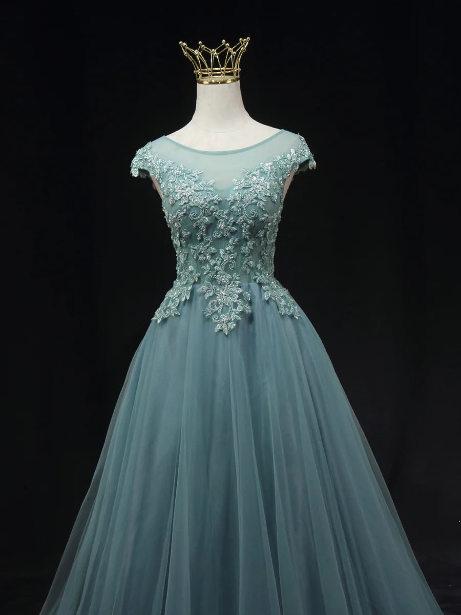 Blue Tulle Lace Scoop Neck Long Prom Dress Beautiful Lace Formal Evening Dress With Applique