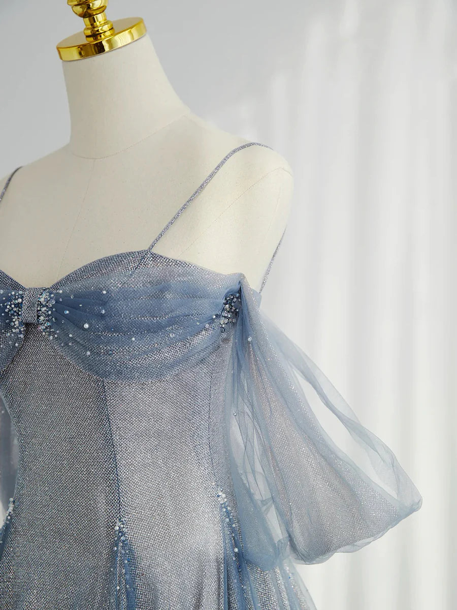 Blue Tulle With Beaded Spaghetti Straps A-Line Long Prom Dress Evening Party Dress