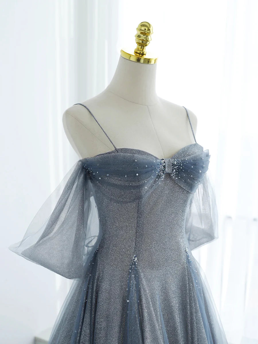 Blue Tulle With Beaded Spaghetti Straps A-Line Long Prom Dress Evening Party Dress