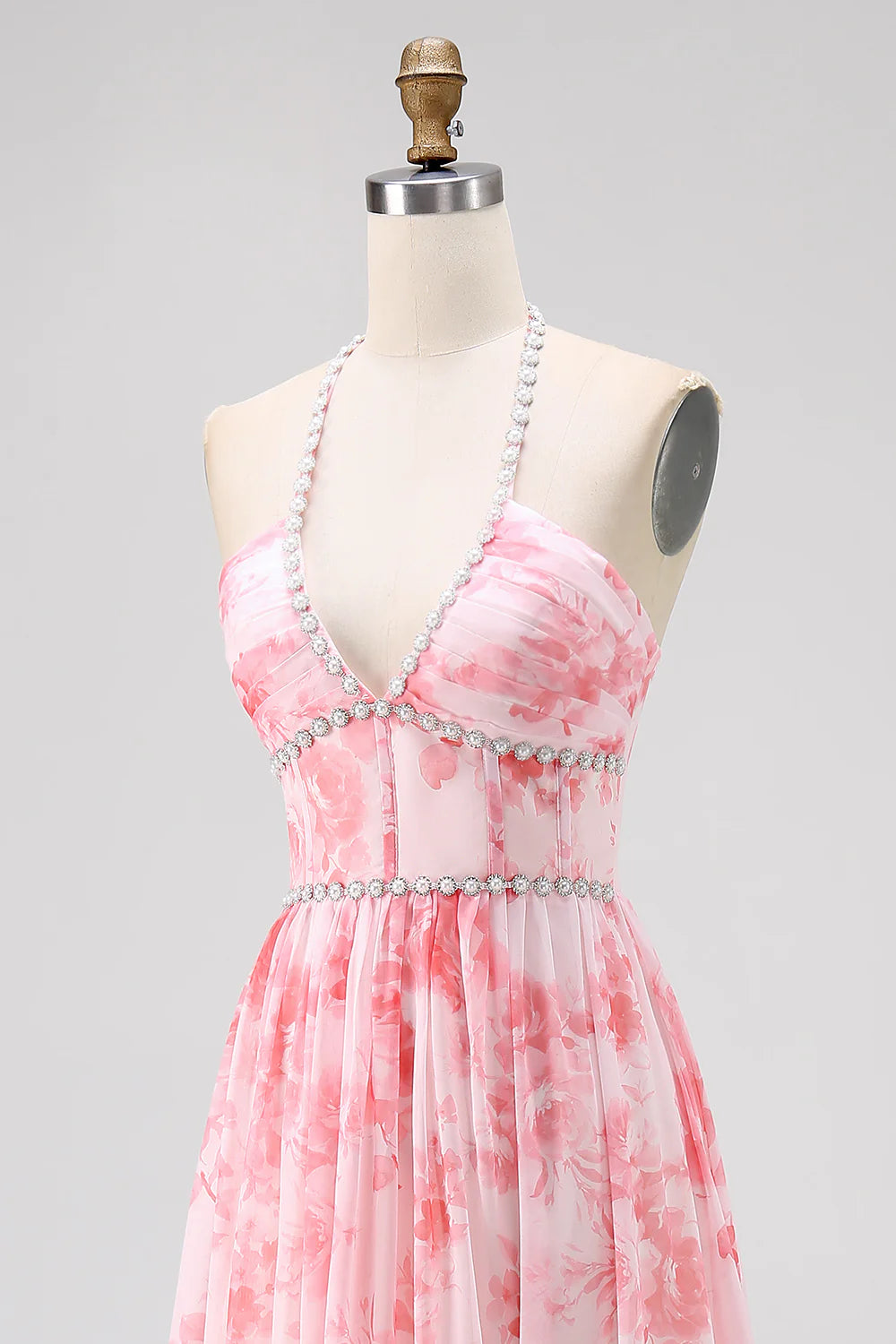 Blush Beaded Halter Printed Floral Slit Long Ruffles Wedding Guest Dress Printed Floral Party Dress