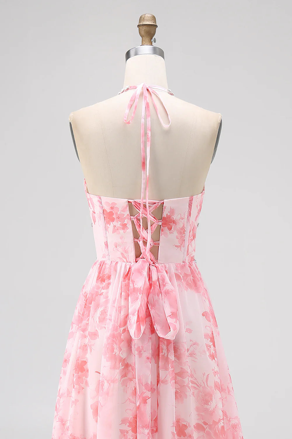 Blush Beaded Halter Printed Floral Slit Long Ruffles Wedding Guest Dress Printed Floral Party Dress