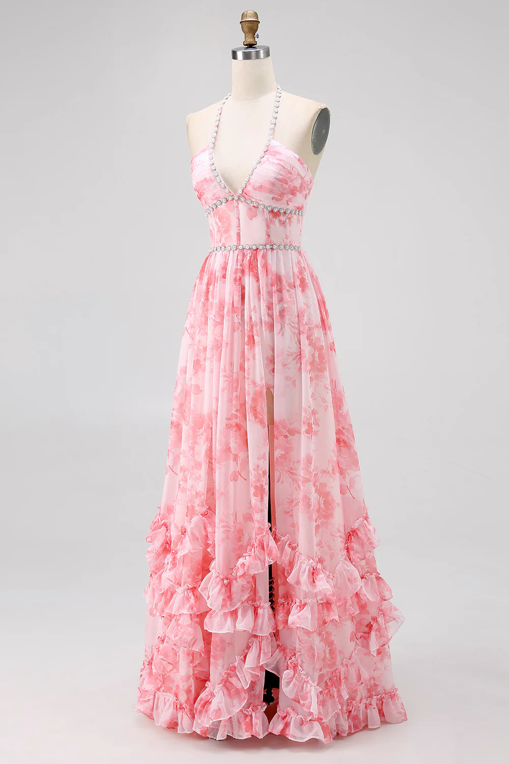 Blush Beaded Halter Printed Floral Slit Long Ruffles Wedding Guest Dress Printed Floral Party Dress