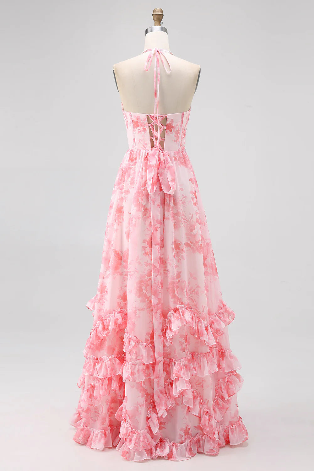 Blush Beaded Halter Printed Floral Slit Long Ruffles Wedding Guest Dress Printed Floral Party Dress