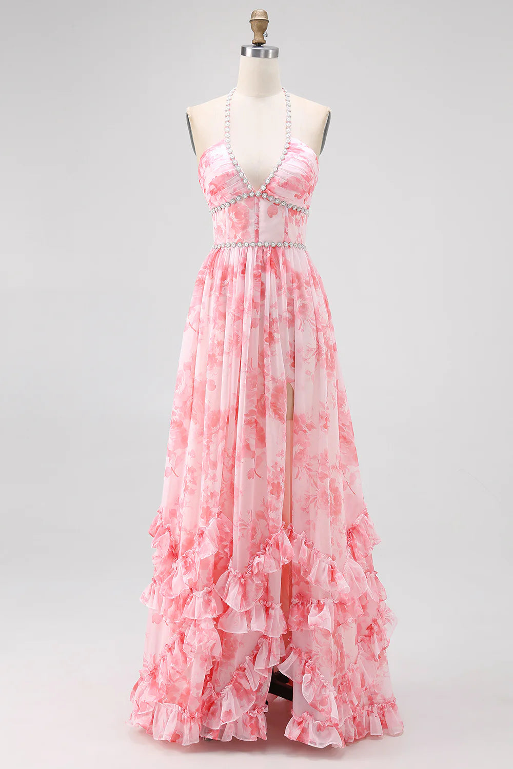 Blush Beaded Halter Printed Floral Slit Long Ruffles Wedding Guest Dress Printed Floral Party Dress
