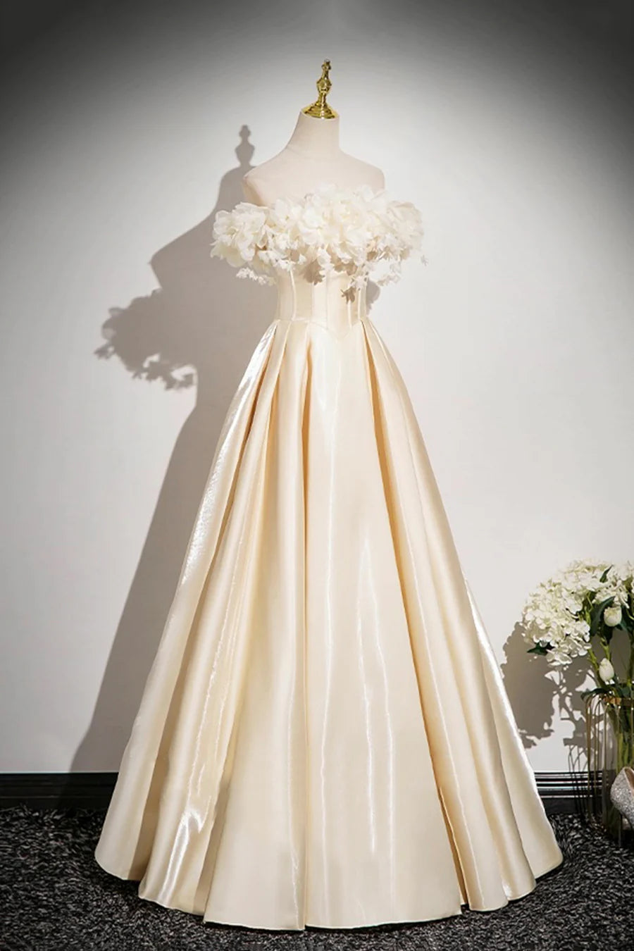Champagne Satin With Applique Flowers Floor Length Prom Dress Off the Shoulder A-Line Party Dress