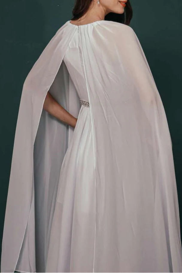 Elegant White Chiffon Rhinestone Half High Neck A-Line Tea-Length Formal Dress With Cape
