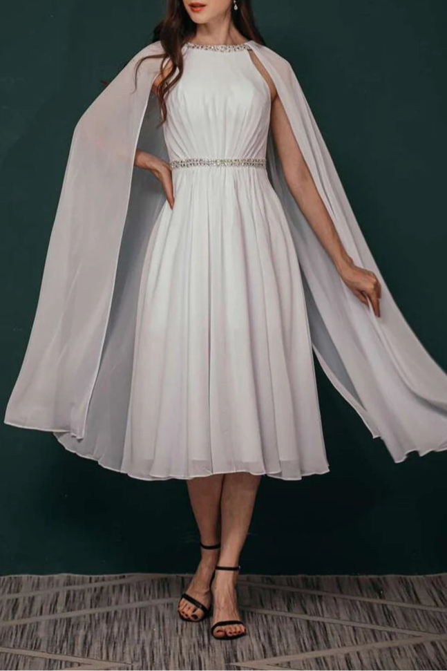 Elegant White Chiffon Rhinestone Half High Neck A-Line Tea-Length Formal Dress With Cape