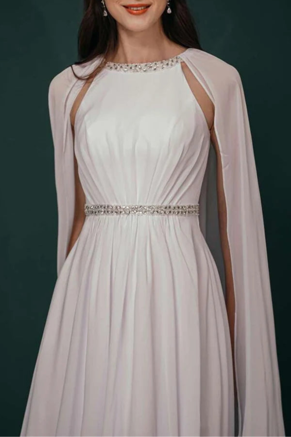 Elegant White Chiffon Rhinestone Half High Neck A-Line Tea-Length Formal Dress With Cape