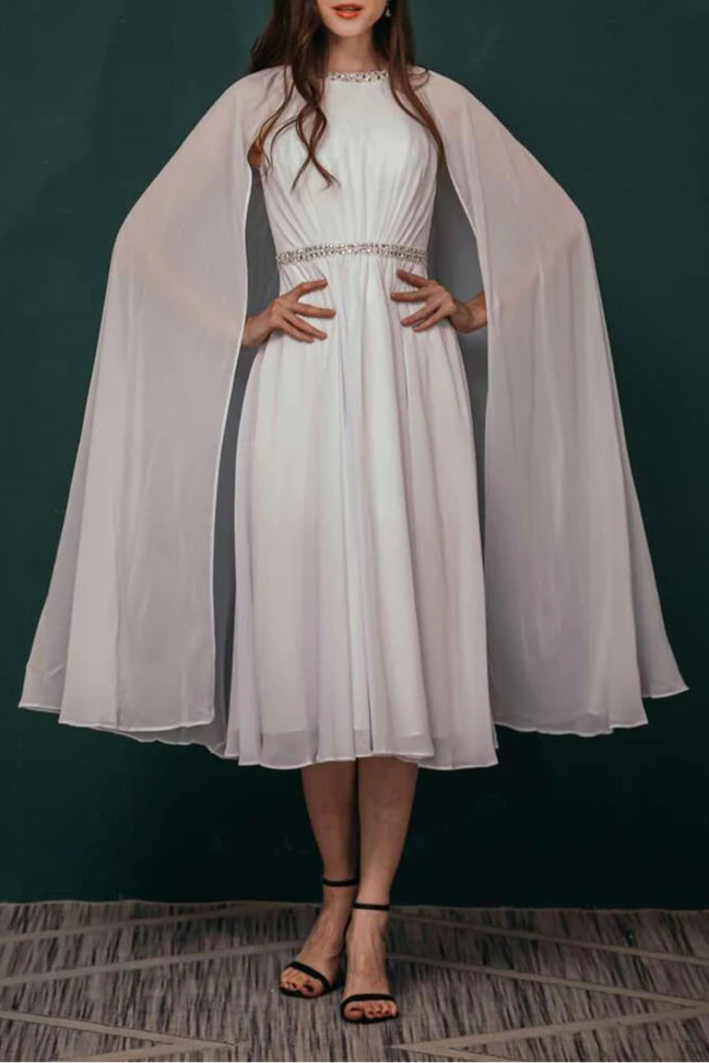 Elegant White Chiffon Rhinestone Half High Neck A-Line Tea-Length Formal Dress With Cape