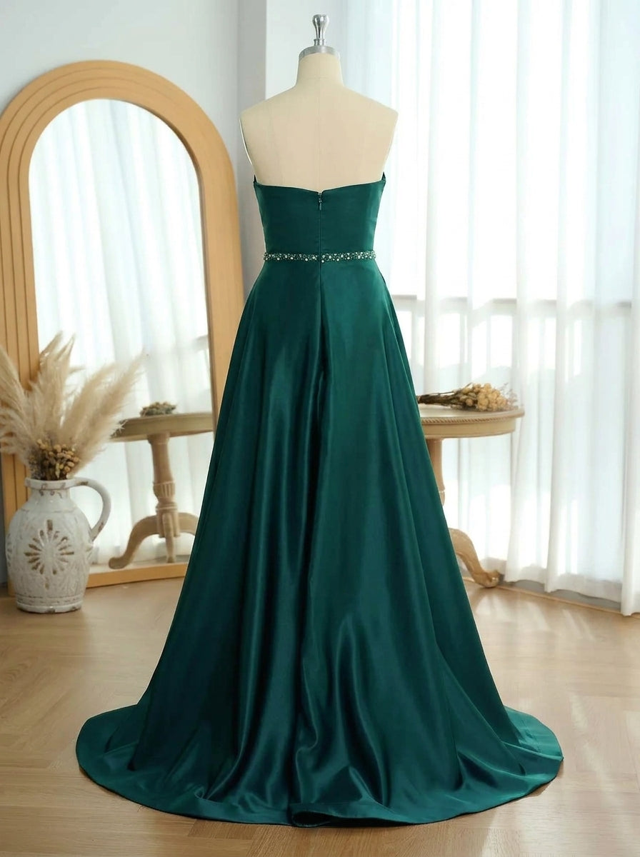 Elegant A-Line Sweetheart Beaded Flowy Emerald Green Floor-Length Prom Dress