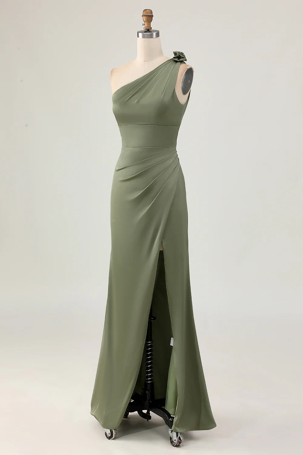 Eucalyptus One Shoulder Pleated Mermaid Slit Long Bridesmaid Dress Eucalyptus Party Dress