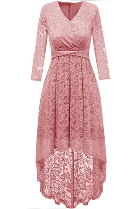Floral Lace V Neck Long Sleeves Bridesmaid Dress High Low Cocktail Party Dress For Women