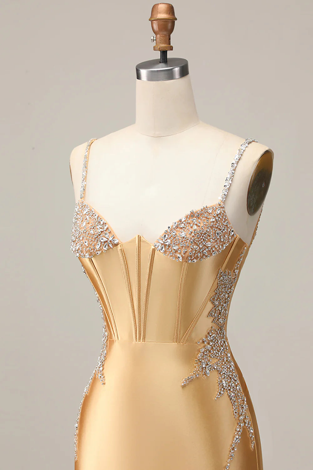 Golden Bodycon Corset Beaded Lace Up Short Homecoming Party Dress With Rhinestones