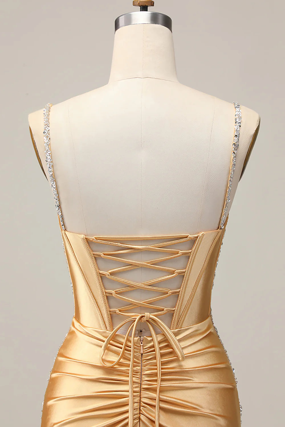 Golden Bodycon Corset Beaded Lace Up Short Homecoming Party Dress With Rhinestones