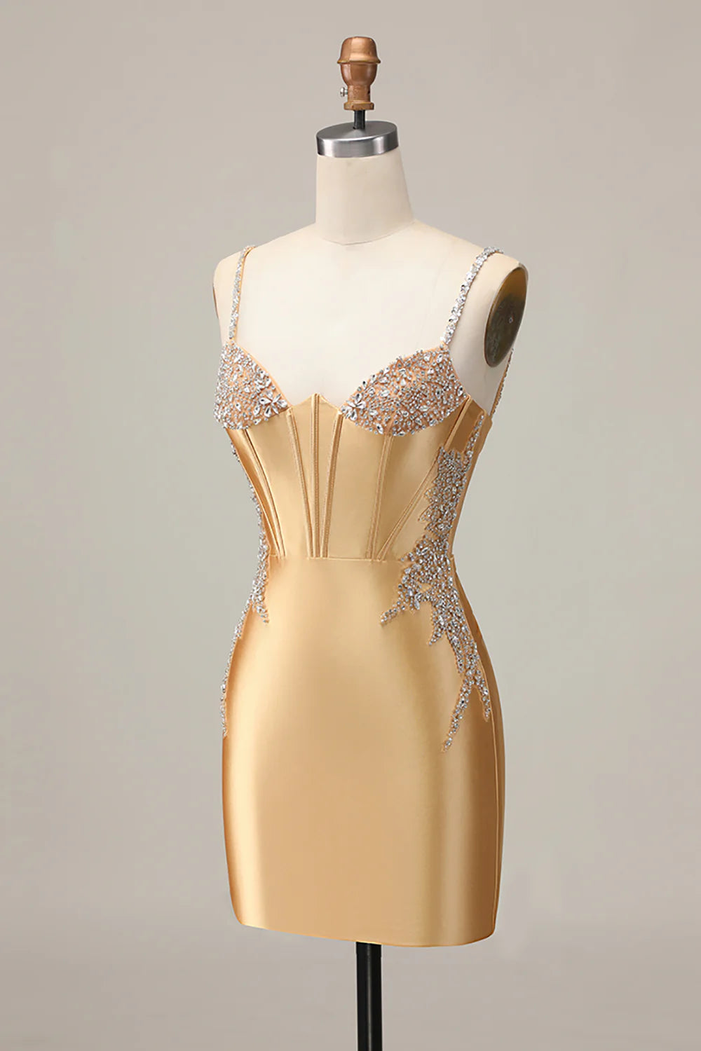 Golden Bodycon Corset Beaded Lace Up Short Homecoming Party Dress With Rhinestones