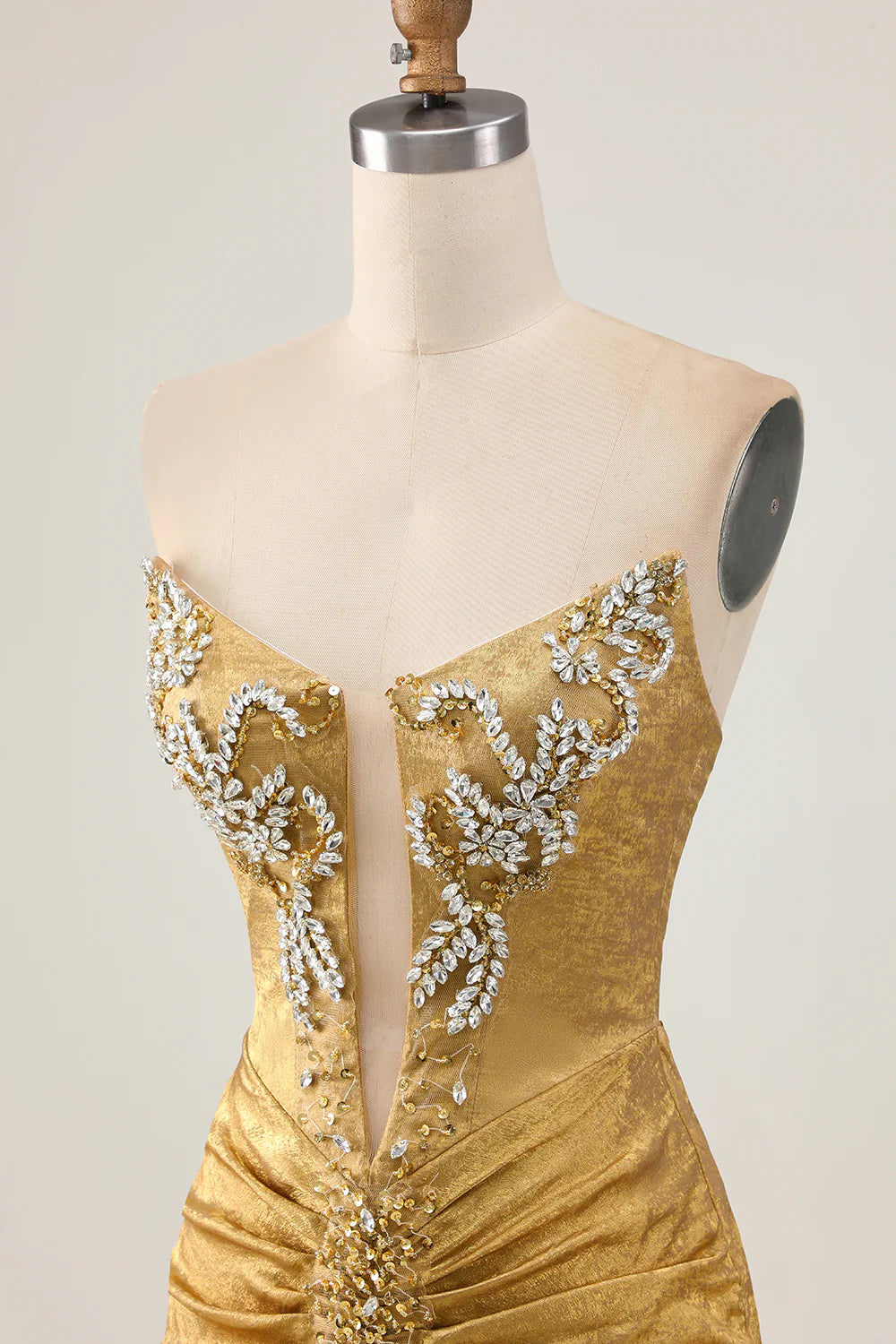 Golden Deep V Neck Strapless Beaded Short Bodycon Homecoming Party Dress With Rhinestones