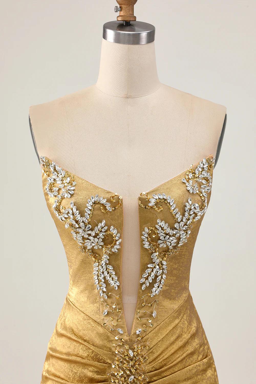 Golden Deep V Neck Strapless Beaded Short Bodycon Homecoming Party Dress With Rhinestones