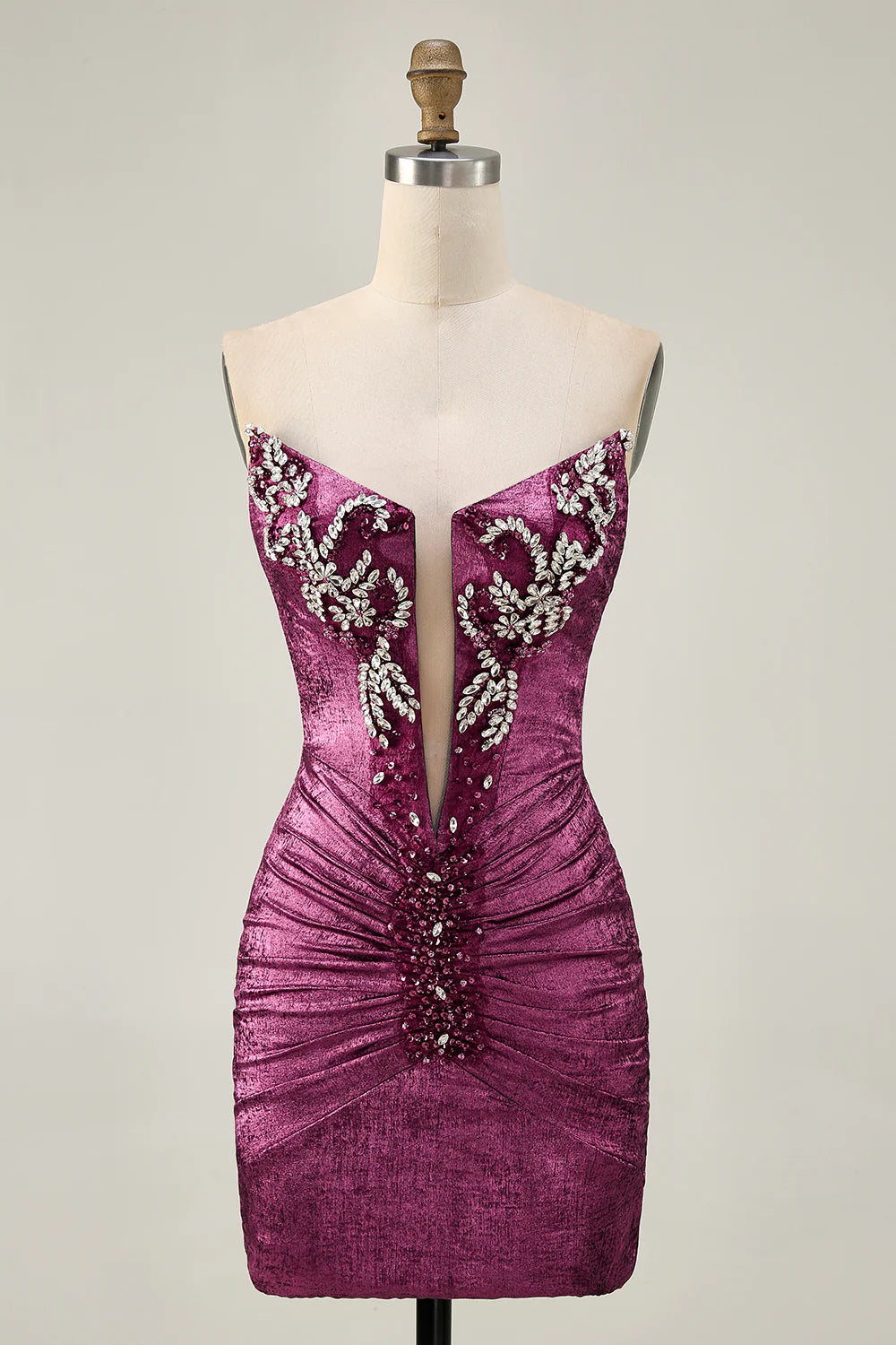 Golden Deep V Neck Strapless Beaded Short Bodycon Homecoming Party Dress With Rhinestones