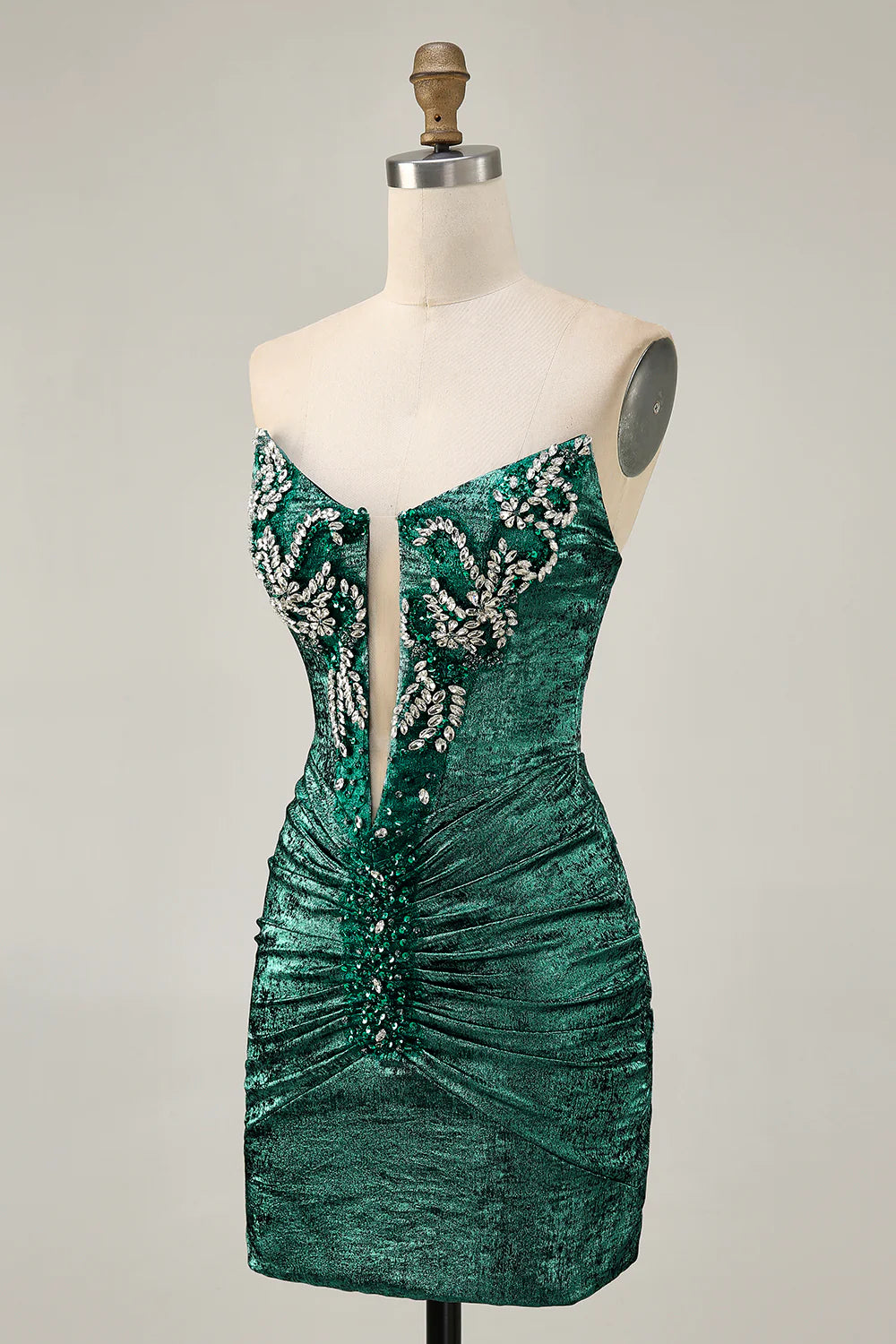 Golden Deep V Neck Strapless Beaded Short Bodycon Homecoming Party Dress With Rhinestones